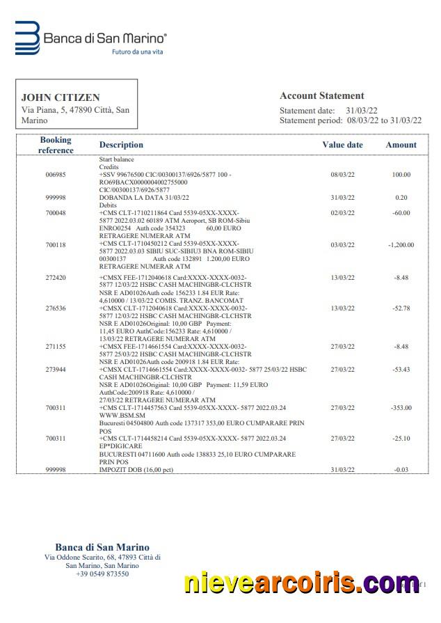 San Marino Banca di San Marino bank statement